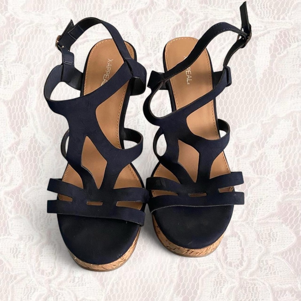 Y2K Navy Blue Strappy Cork Wedge Sandals